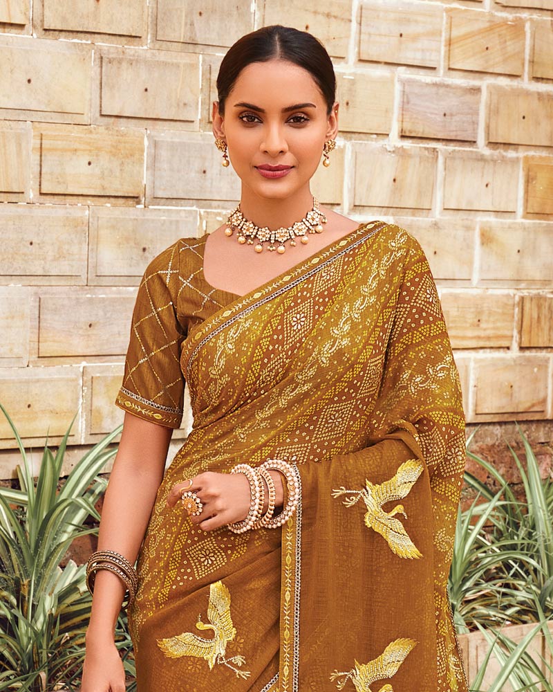 Vishal Prints Brownish Orange Designer Printed Fancy Chiffon Saree With Embroidery Work And Fancy Border