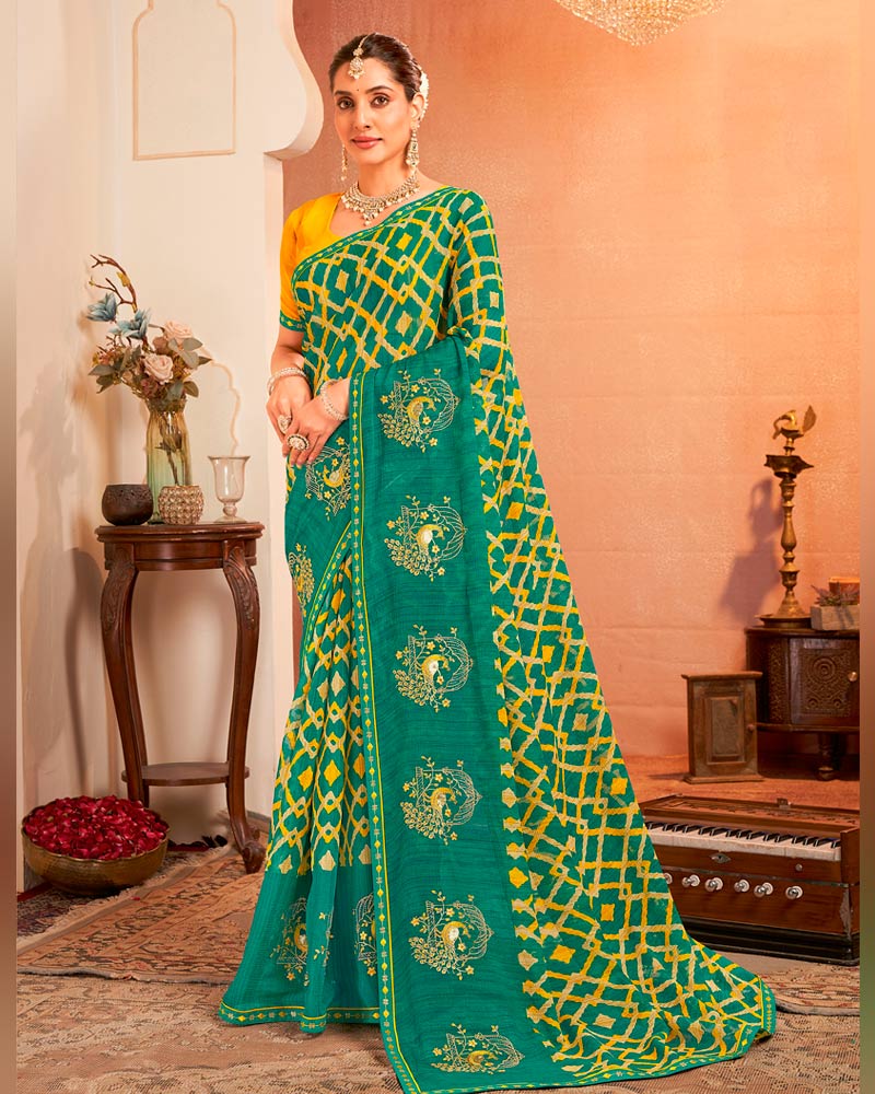 Vishal Prints Pine Green Designer Chiffon Saree With Resham-Zari-Embroidery-Diamond Work And Fancy Border