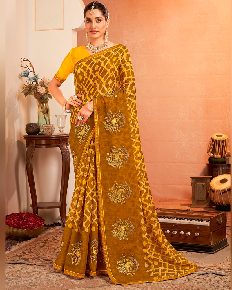 Vishal Prints Brown And Sunshade Yellow Designer Chiffon Saree With Resham-Zari-Embroidery-Diamond Work And Fancy Border