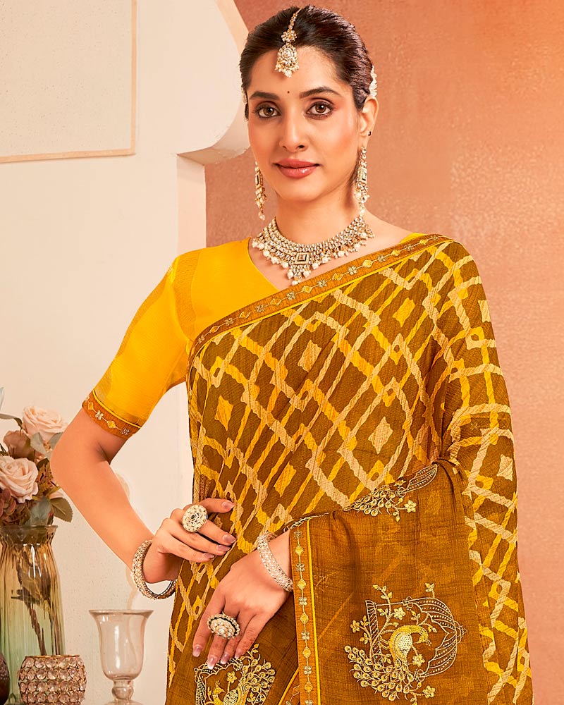 Vishal Prints Brown And Sunshade Yellow Designer Chiffon Saree With Resham-Zari-Embroidery-Diamond Work And Fancy Border