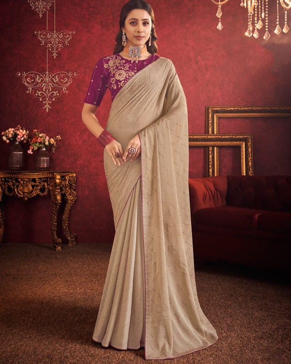 Vishal Prints Pastel Brown Designer Fancy Chiffon Saree With Diamond Work And Core Piping