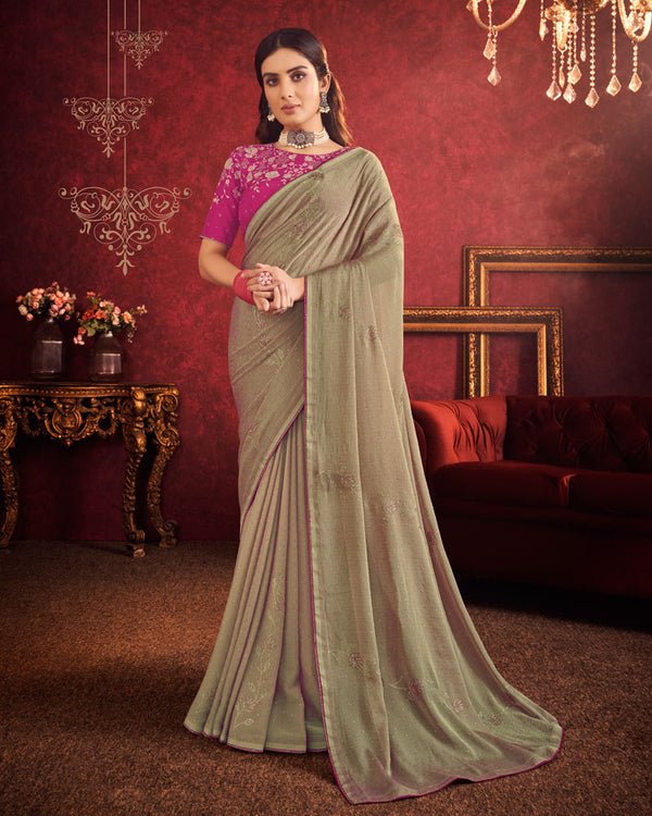 Vishal Prints Leather Green Designer Fancy Chiffon Saree With Diamond Work And Core Piping