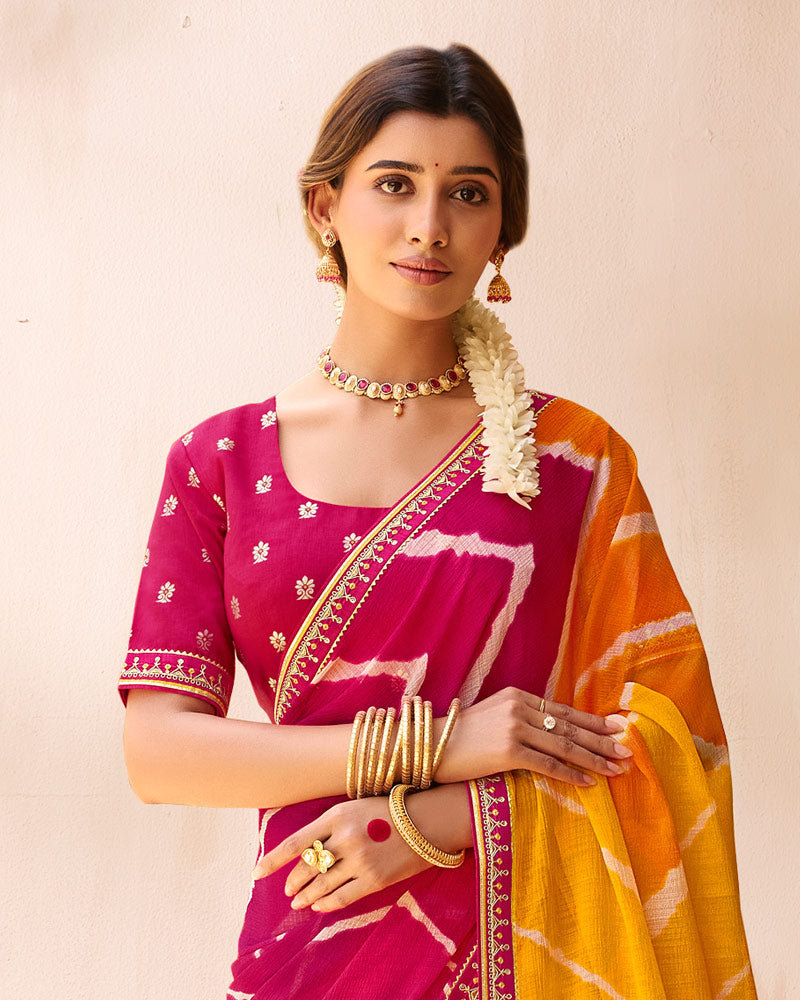Vishal Prints Shaded Rani Mustard Traditional Print Chiffon Saree With Fancy Embroidery Border
