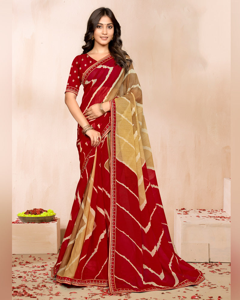 Vishal Prints Shaded Maroon Beige Traditional Print Chiffon Saree With Fancy Embroidery Border