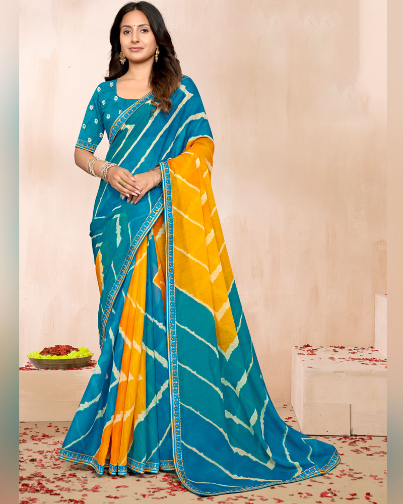 Vishal Prints Shaded Blue Yellow Traditional Print Chiffon Saree With Fancy Embroidery Border