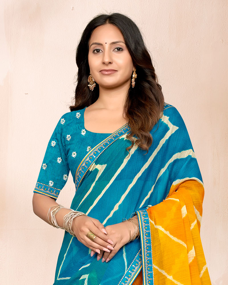 Vishal Prints Shaded Blue Yellow Traditional Print Chiffon Saree With Fancy Embroidery Border