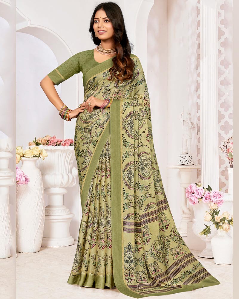 Vishal Prints Khaki Green Printed Chiffon Digital Print Saree With Weaved Satin Patta