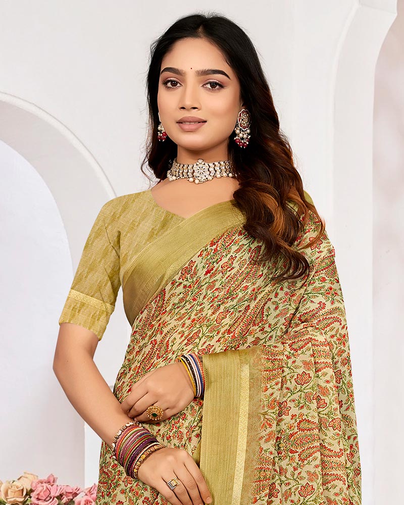 Vishal Prints Sandy Brown Printed Chiffon Digital Print Saree With Weaved Satin Patta