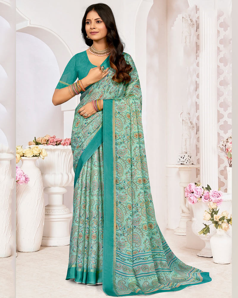 Vishal Prints Light Sea Green Printed Chiffon Digital Print Saree With Weaved Satin Patta