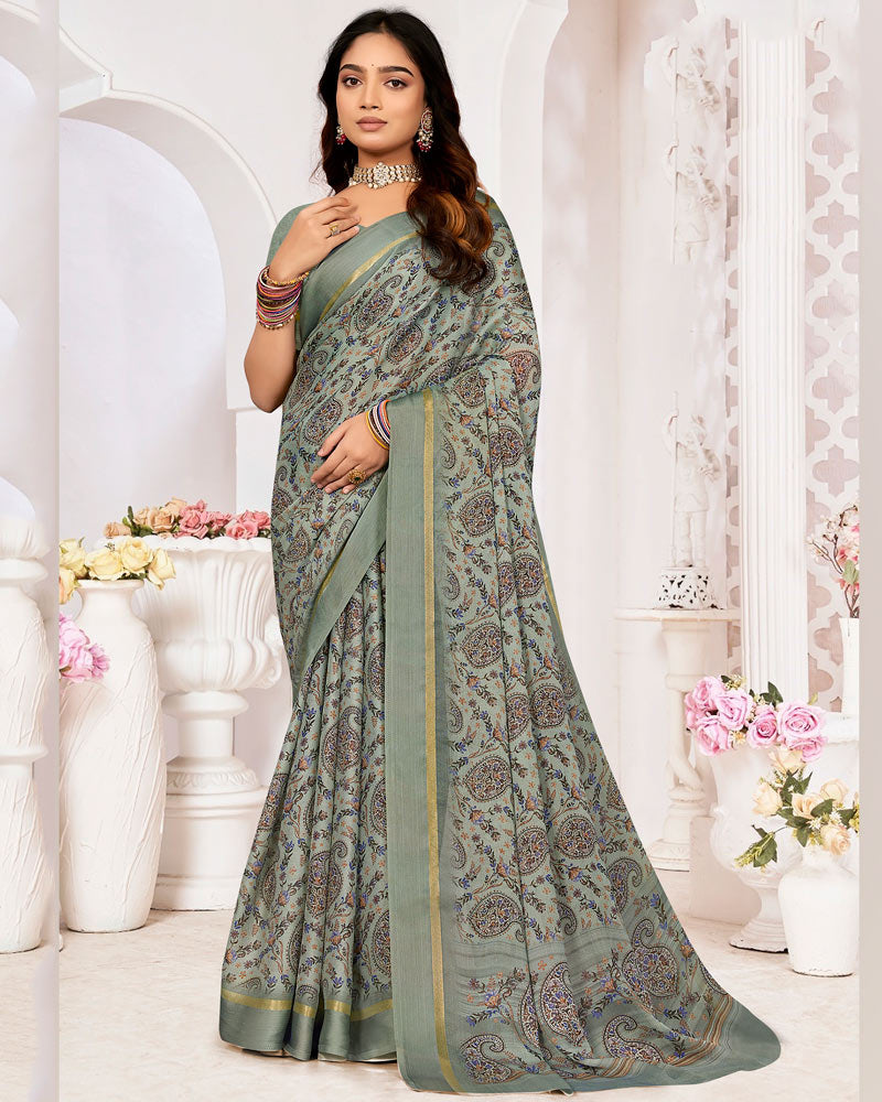 Vishal Prints Dusty Grey Printed Chiffon Digital Print Saree With Weaved Satin Patta