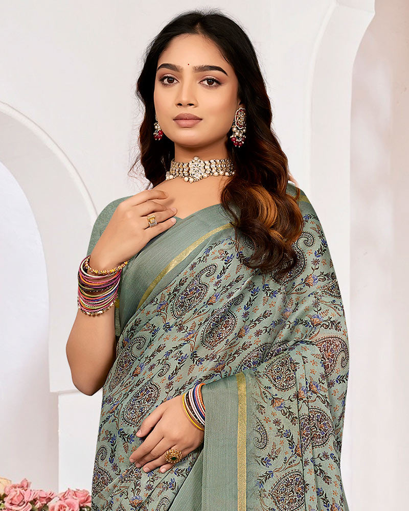 Vishal Prints Dusty Grey Printed Chiffon Digital Print Saree With Weaved Satin Patta
