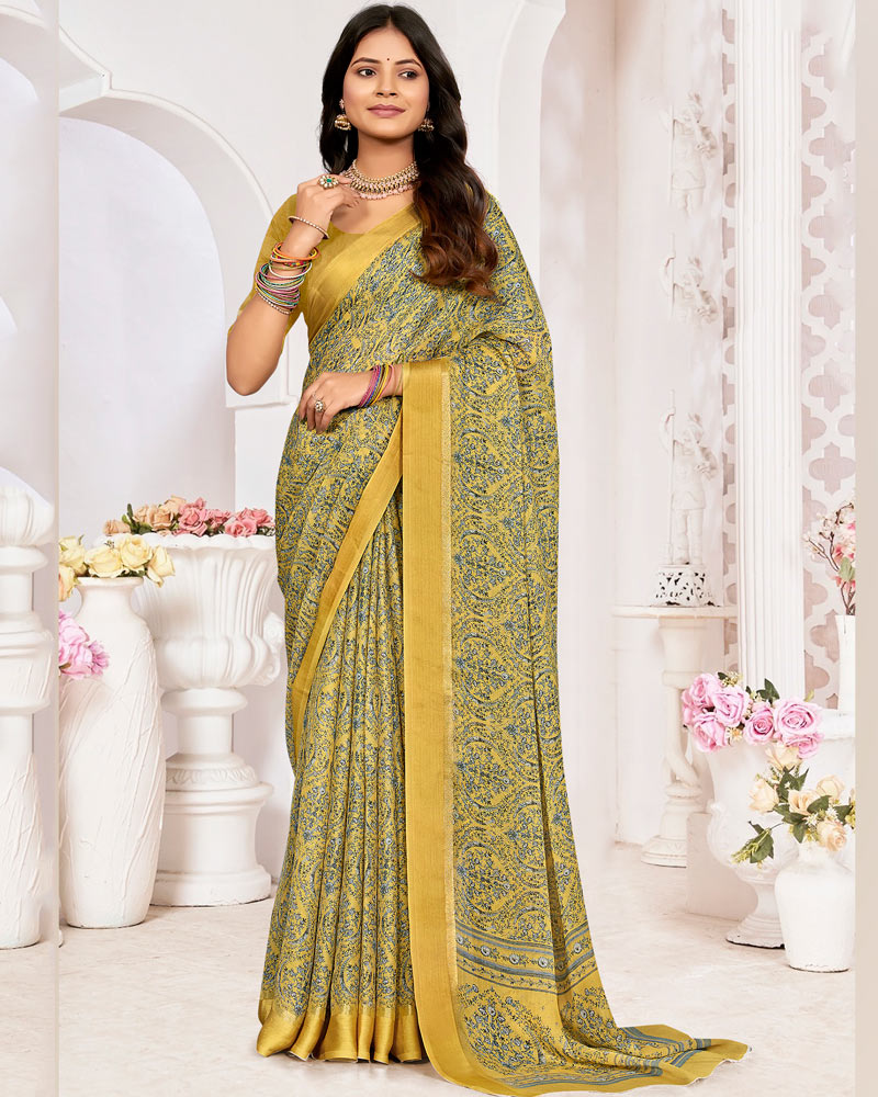 Vishal Prints Indian Yellow Printed Chiffon Digital Print Saree With Weaved Satin Patta