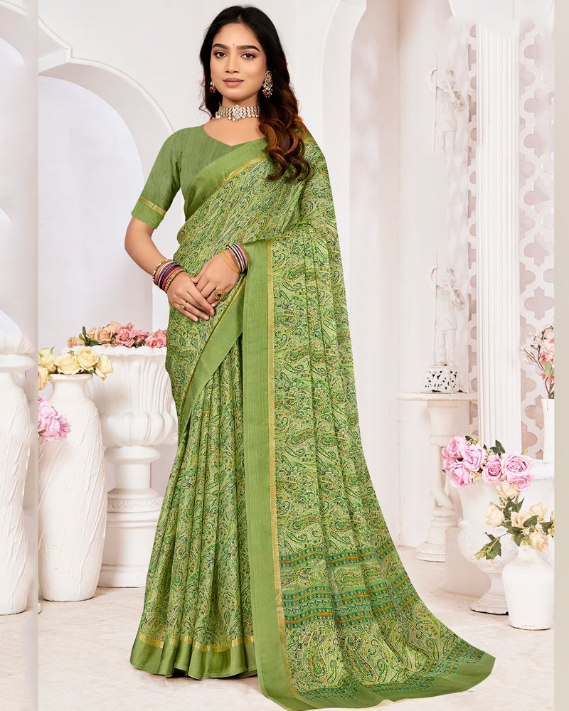 Vishal Prints Pastel Spring Green Printed Chiffon Digital Print Saree With Weaved Satin Patta