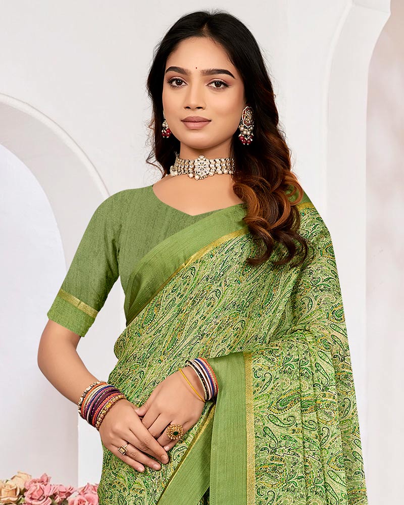 Vishal Prints Pastel Spring Green Printed Chiffon Digital Print Saree With Weaved Satin Patta