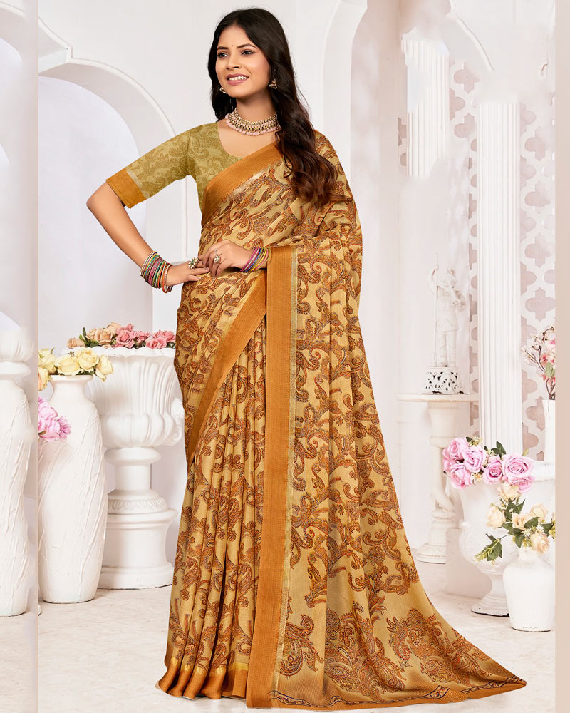 Vishal Prints Brownish Orange Printed Chiffon Digital Print Saree With Weaved Satin Patta