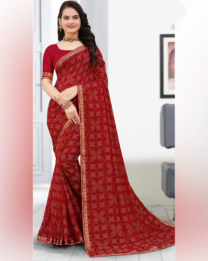 Vishal Prints Dark Red Printed Georgette Saree With Zari Border