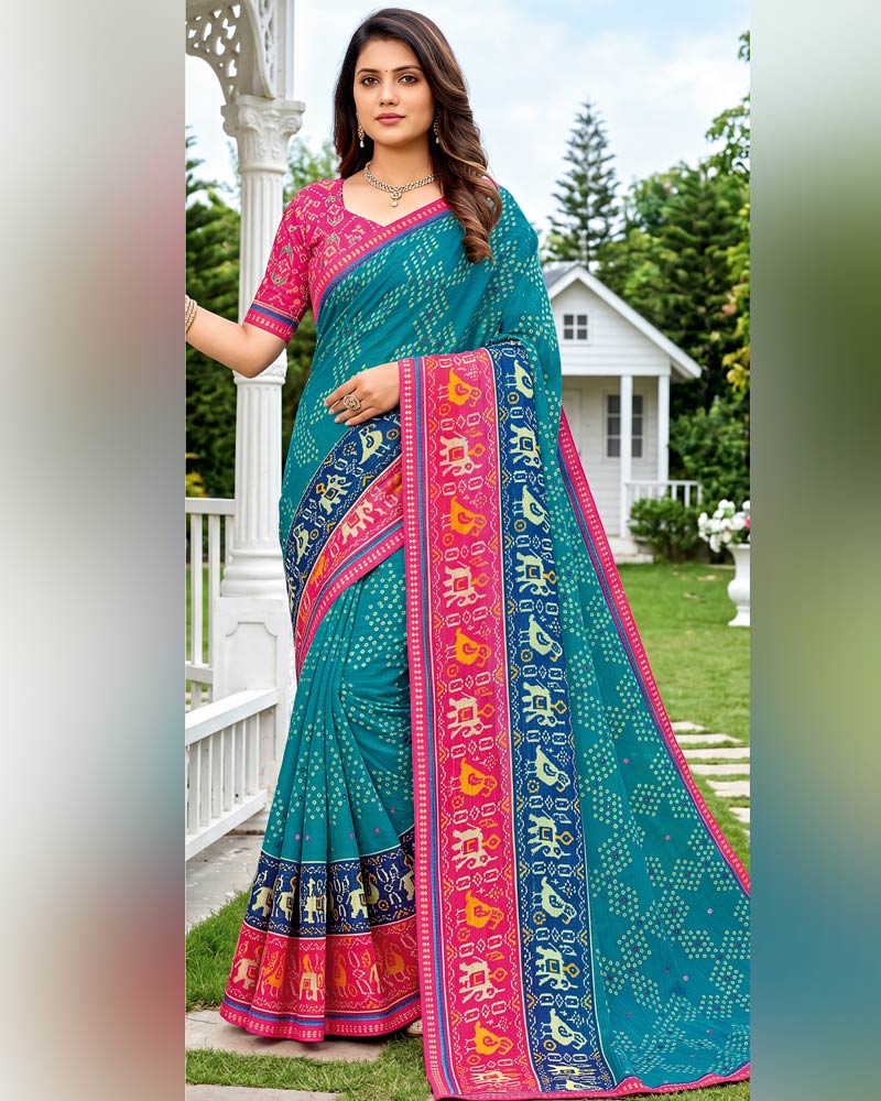 Vishal Prints Deep Sky Blue Printed Chiffon Saree With Mirror Work And Fancy Border
