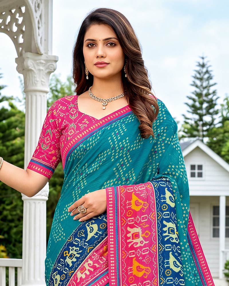Vishal Prints Deep Sky Blue Printed Chiffon Saree With Mirror Work And Fancy Border
