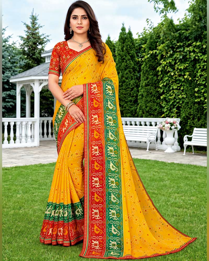 Vishal Prints Deep Yellow Printed Chiffon Saree With Mirror Work And Fancy Border