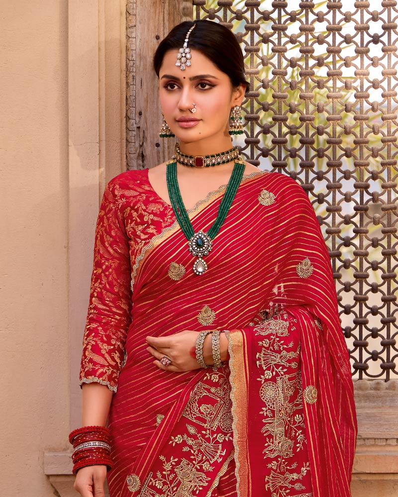 Vishal Prints Venetian Red Designer Chiffon-Viscose Saree With Embroidery-Diamond Work And Cut Work Border
