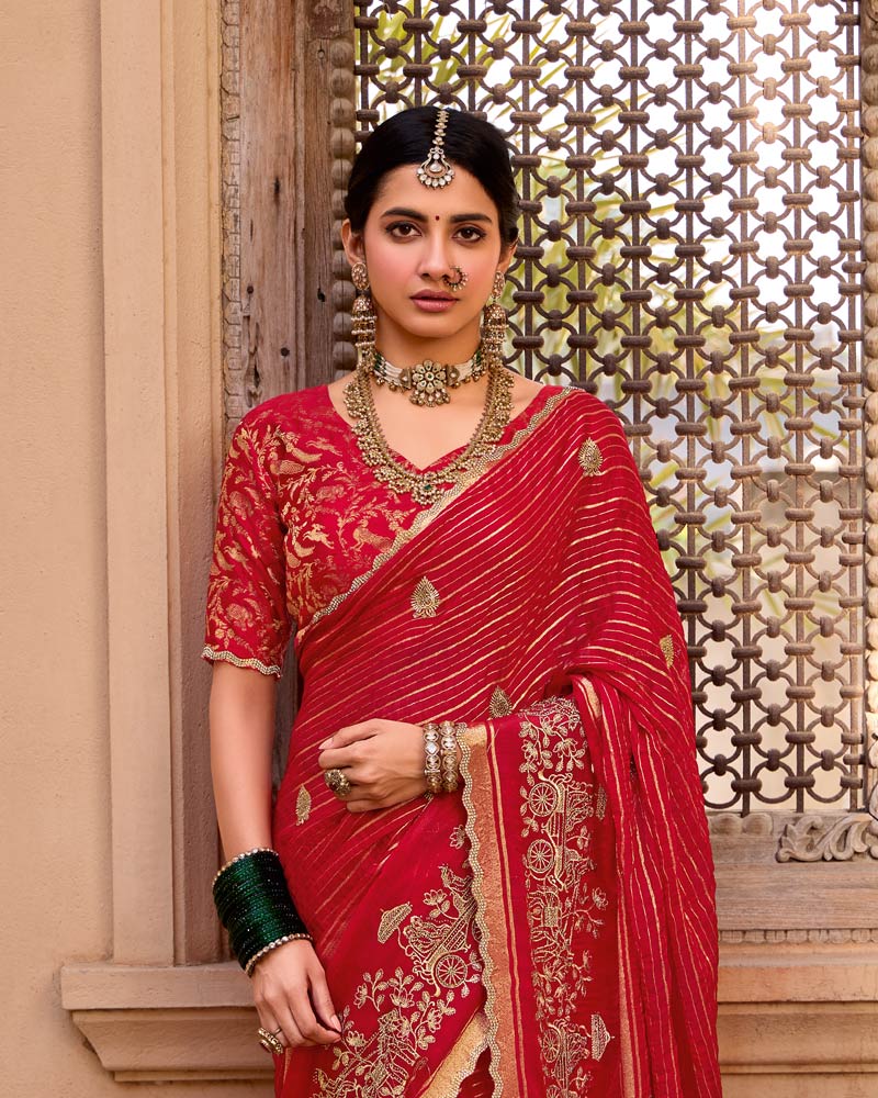 Vishal Prints Venetian Red Designer Chiffon-Viscose Saree With Embroidery-Diamond Work And Cut Work Border