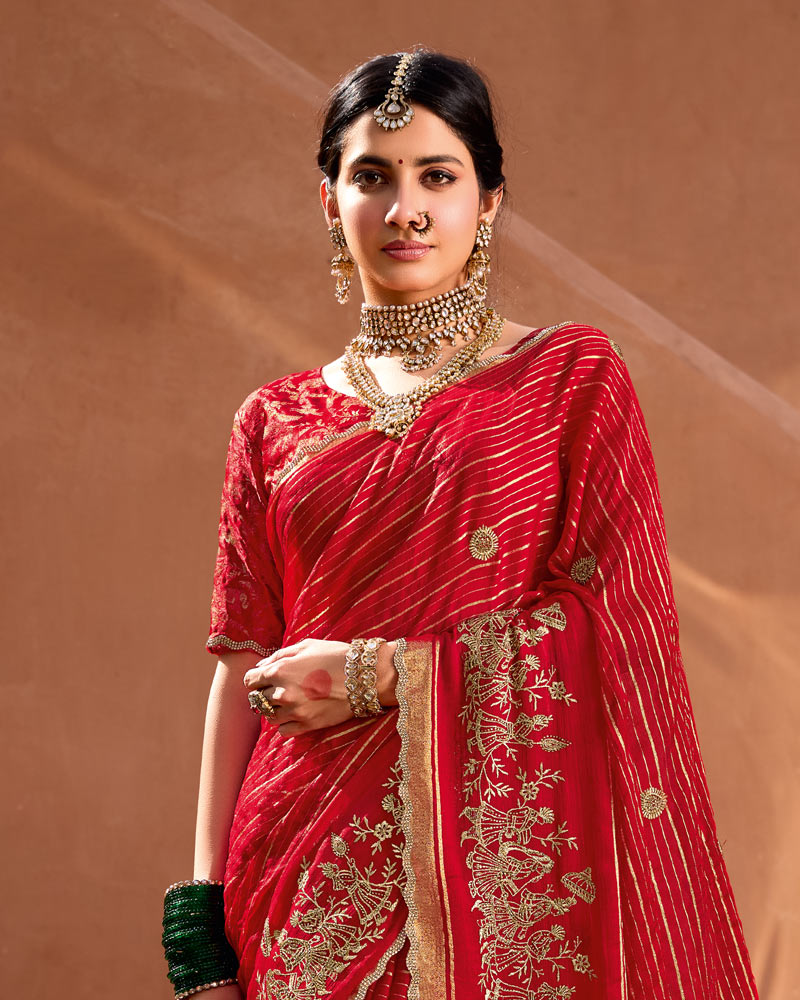 Vishal Prints Venetian Red Designer Chiffon-Viscose Saree With Embroidery-Diamond Work And Cut Work Border