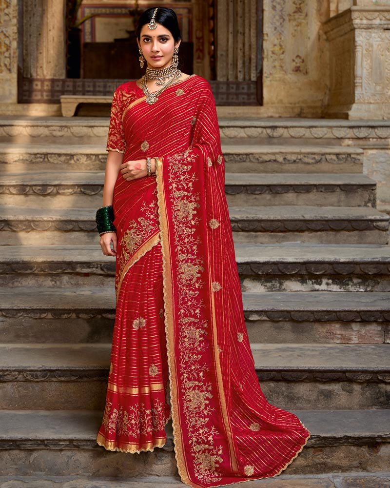 Vishal Prints Venetian Red Designer Chiffon-Viscose Saree With Embroidery-Diamond Work And Cut Work Border