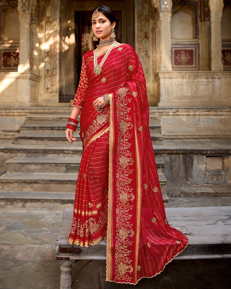 Vishal Prints Venetian Red Designer Chiffon-Viscose Saree With Embroidery-Diamond Work And Cut Work Border