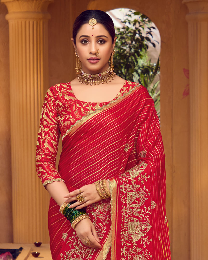 Vishal Prints Shiraz Red Designer Chiffon-Viscose Saree With Embroidery-Diamond Work And Cut Work Border