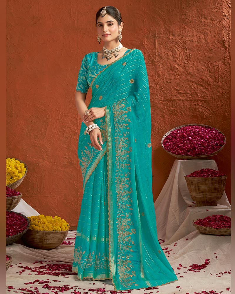Vishal Prints Ocean Blue Designer Chiffon-Viscose Saree With Embroidery-Diamond Work And Cut Work Border