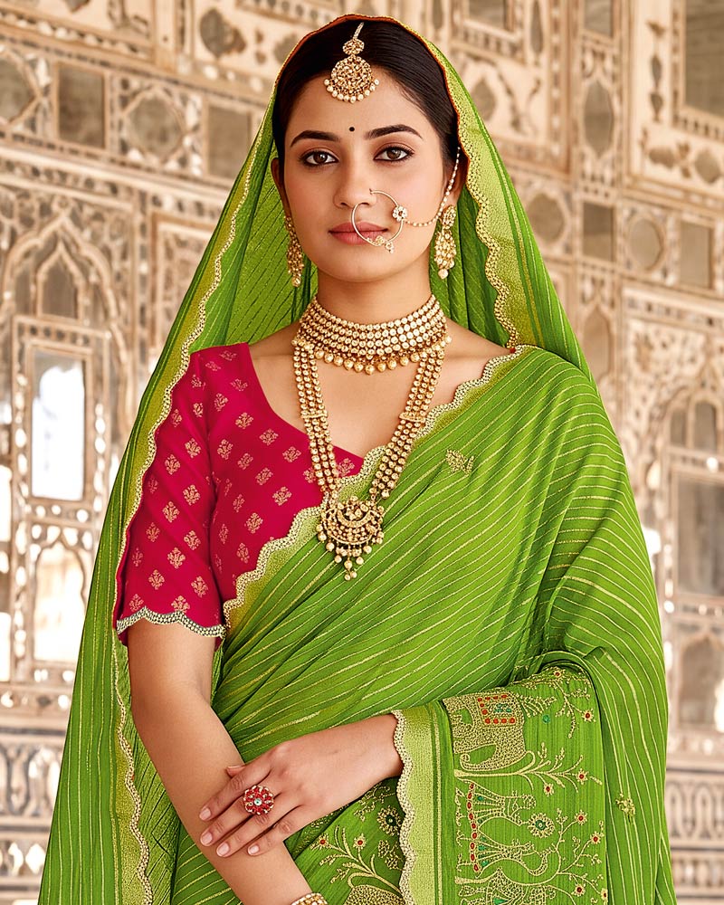Vishal Prints Mehandi Green Designer Chiffon-Viscose Saree With Embroidery-Stone Work And Cut Work Border