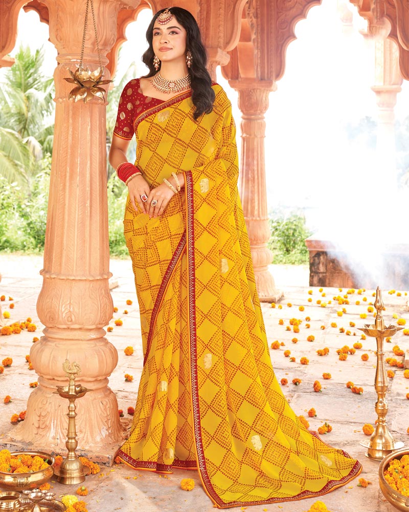 Vishal Prints Mustard Yellow Printed Georgette Traditional Print Saree With Foil Print And Fancy Border