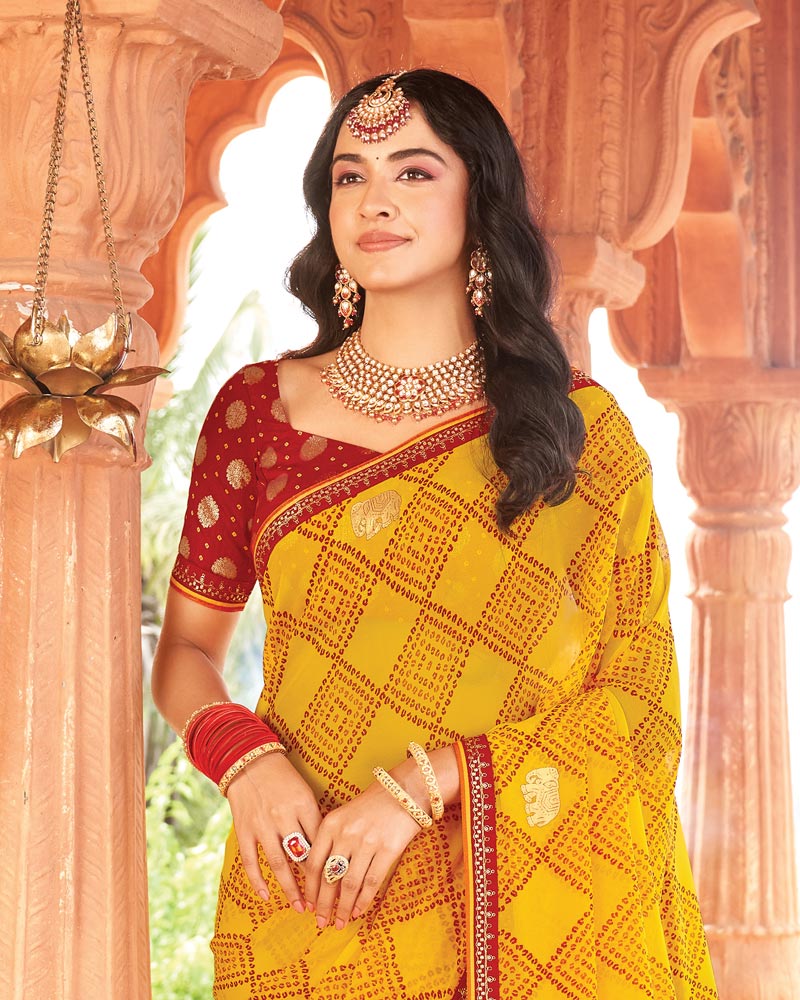 Vishal Prints Mustard Yellow Printed Georgette Traditional Print Saree With Foil Print And Fancy Border