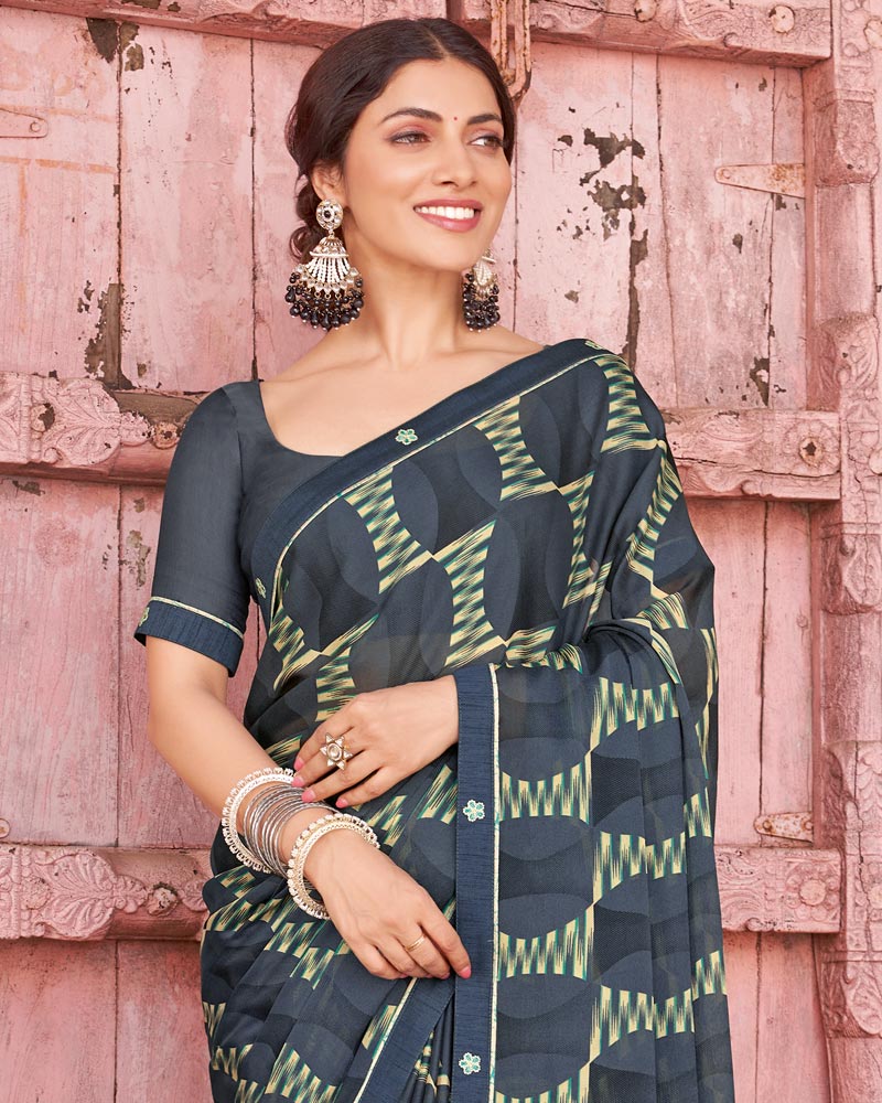 Vishal Prints Bright Grey Printed Criva Crepe Saree With Fancy Border