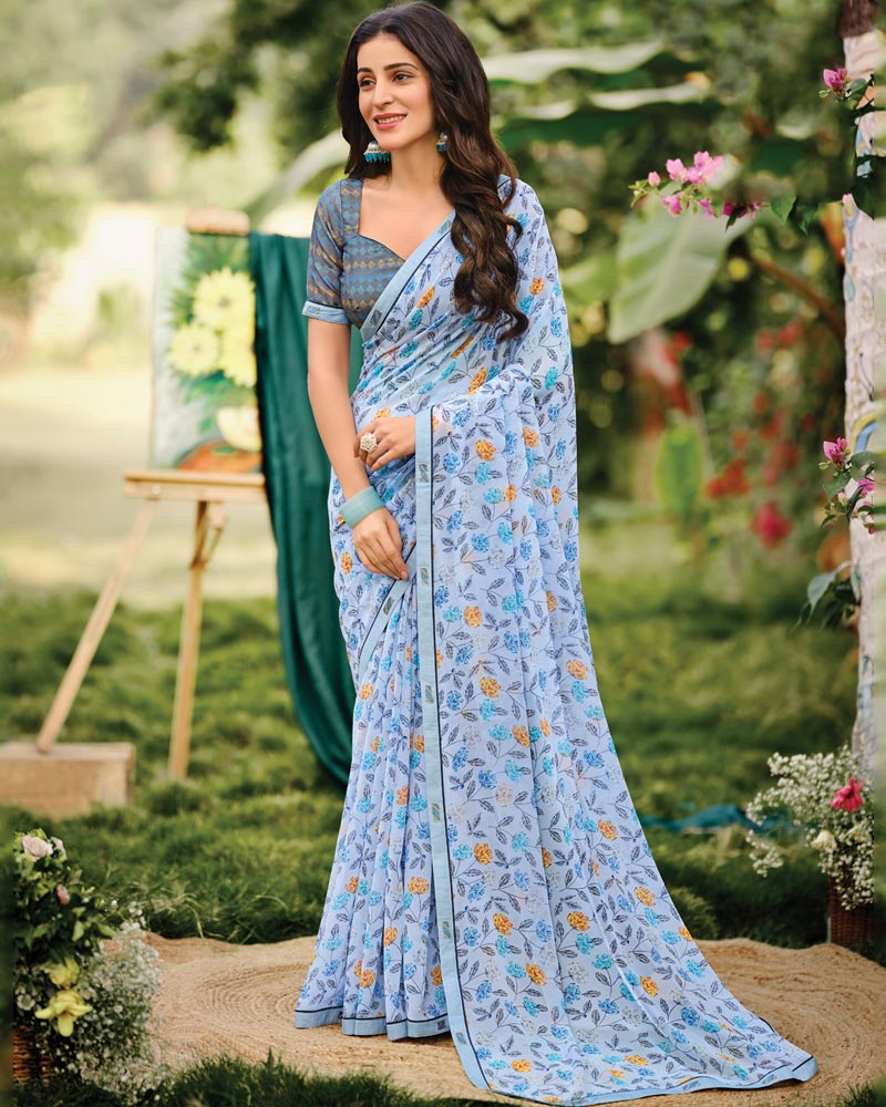 Vishal Prints Pastel Blue Printed Georgette Saree With Fancy Border