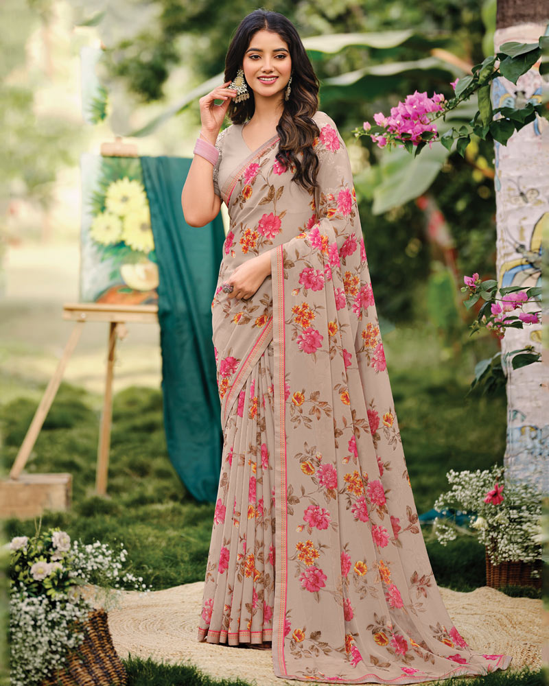 Vishal Prints Pastel Brown Printed Georgette Saree With Fancy Border