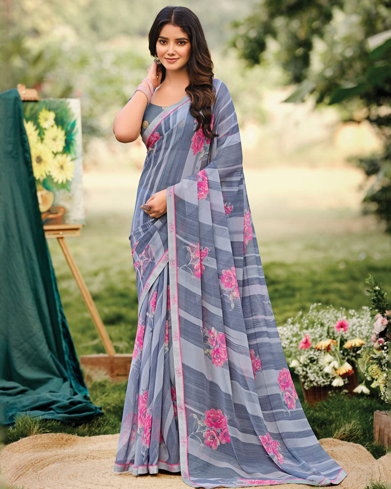 Vishal Prints Bluish Grey Printed Georgette Saree With Fancy Border