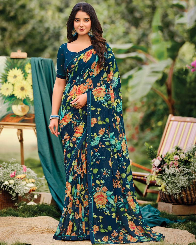 Vishal Prints Ink Blue Printed Georgette Saree With Fancy Border