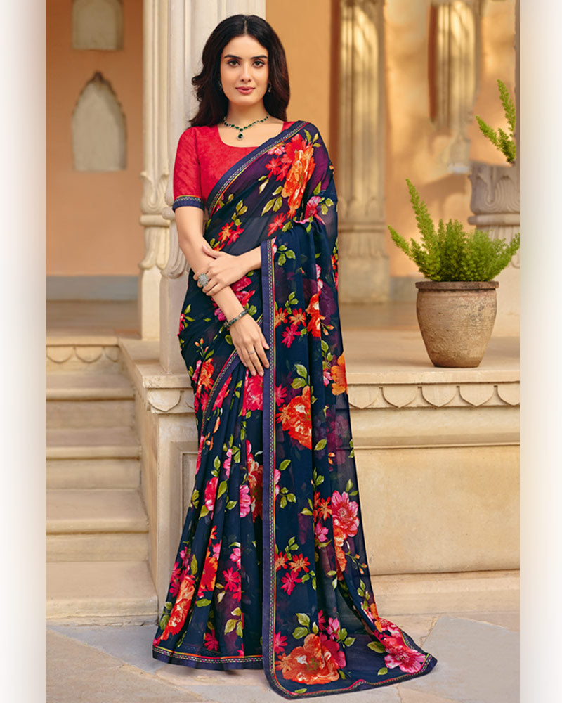 Vishal Prints Zodiac Blue Printed Georgette Saree With Fancy Border
