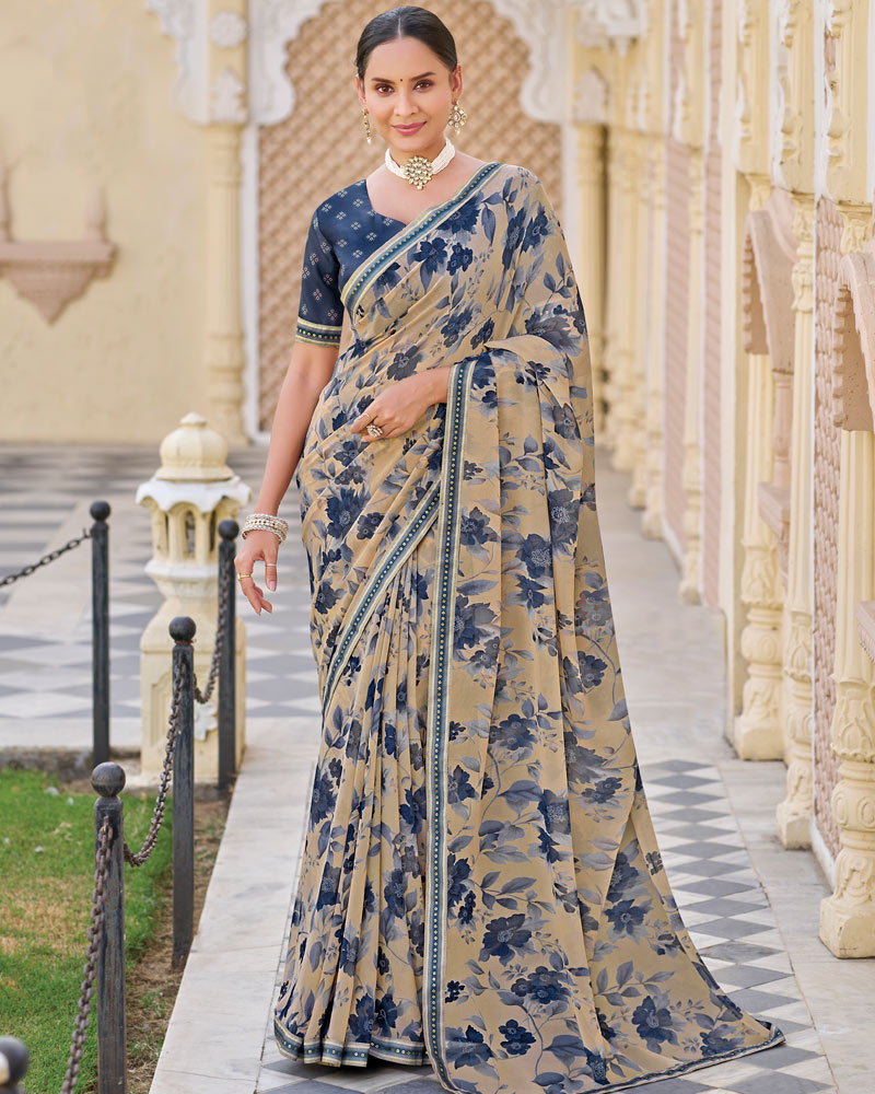 Vishal Prints Navy Blue Printed Georgette Saree With Fancy Border
