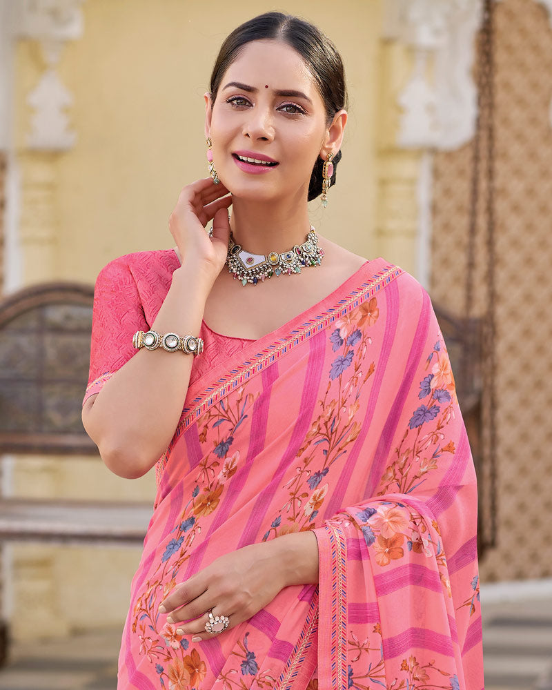 Vishal Prints Fuchsia Pink Printed Georgette Saree With Fancy Border