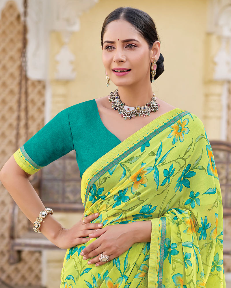 Vishal Prints Lime Green Printed Georgette Saree With Fancy Border