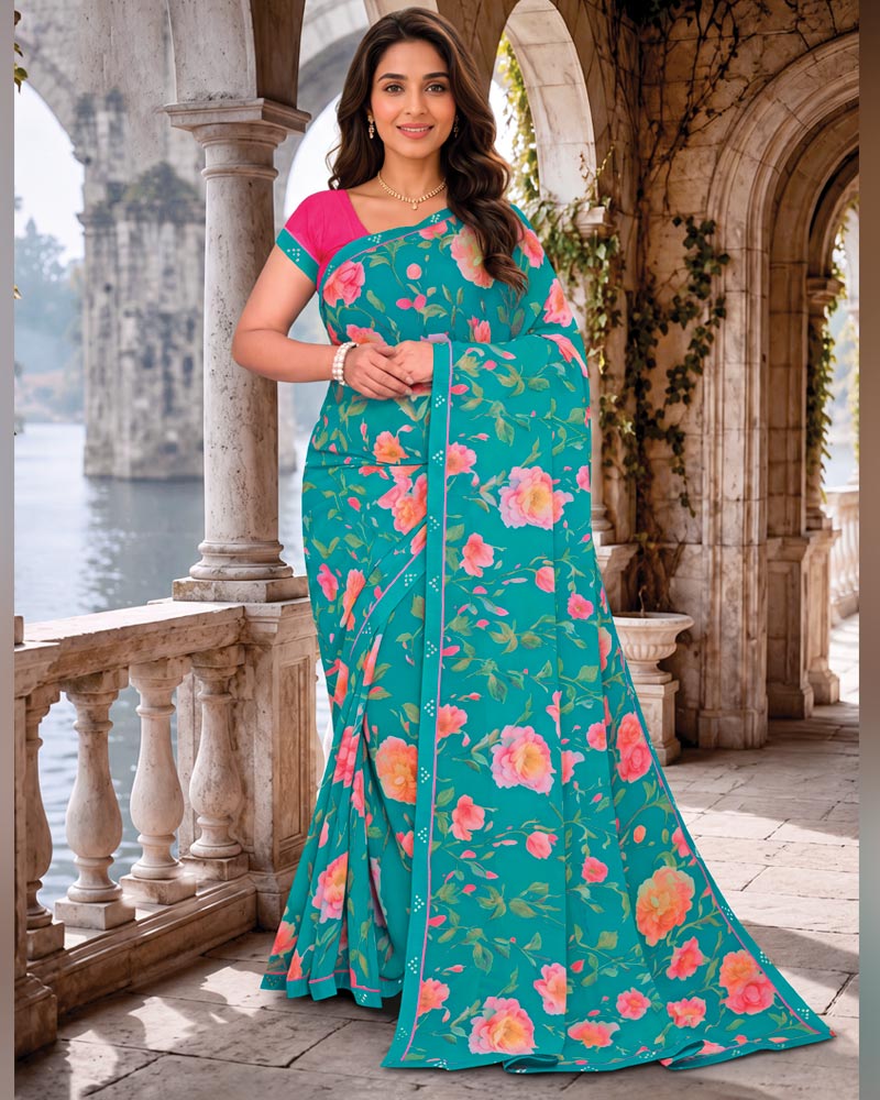 Vishal Prints Teal Blue Digital Print Georgette Saree With Fancy Border