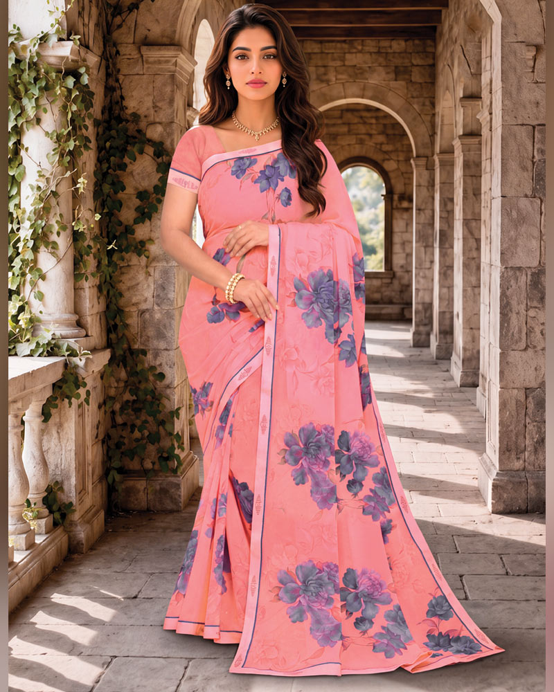 Vishal Prints Daisy Pink Digital Print Georgette Saree With Fancy Border