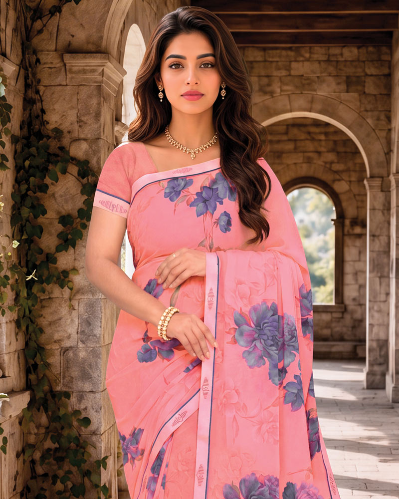Vishal Prints Daisy Pink Digital Print Georgette Saree With Fancy Border