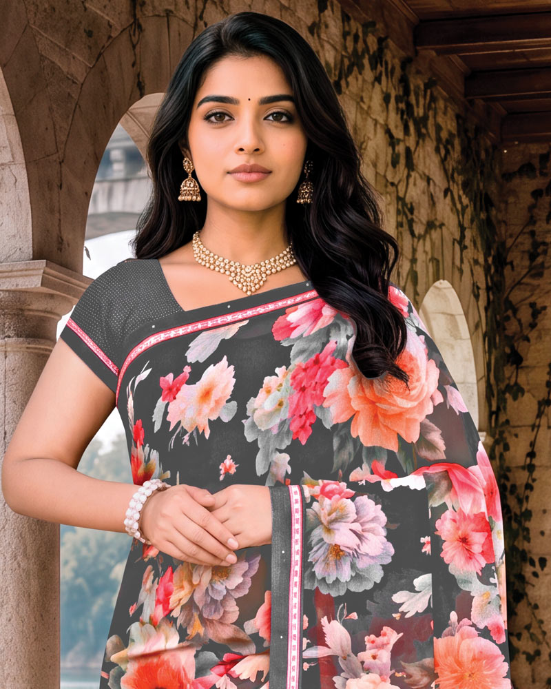Vishal Prints Davy Grey Digital Print Georgette Saree With Fancy Border