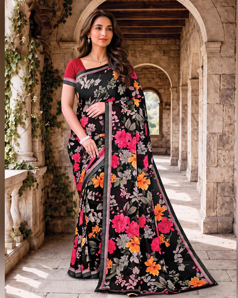 Vishal Prints Midnight Black Digital Print Georgette Saree With Fancy Border