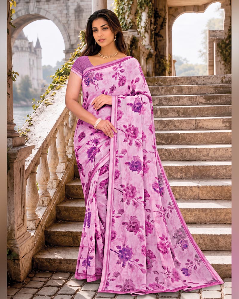 Vishal Prints Pastel Magenta Digital Print Georgette Saree With Fancy Border