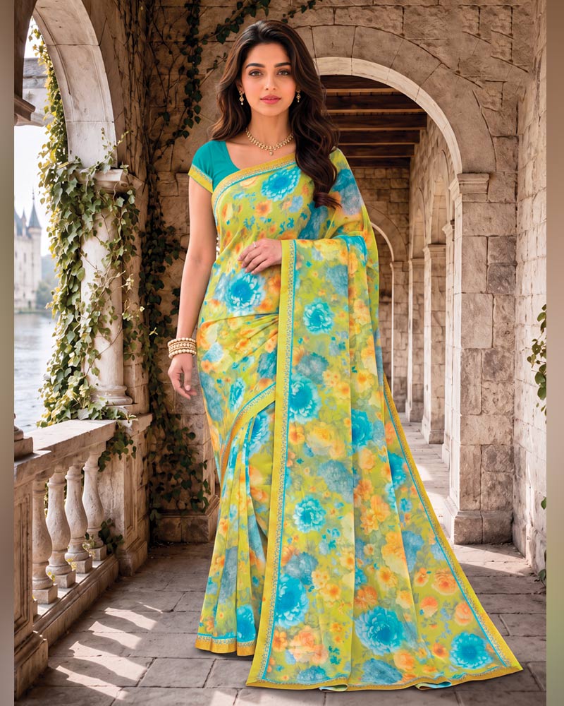 Vishal Prints Pale Olive Yellow Digital Print Georgette Saree With Fancy Border