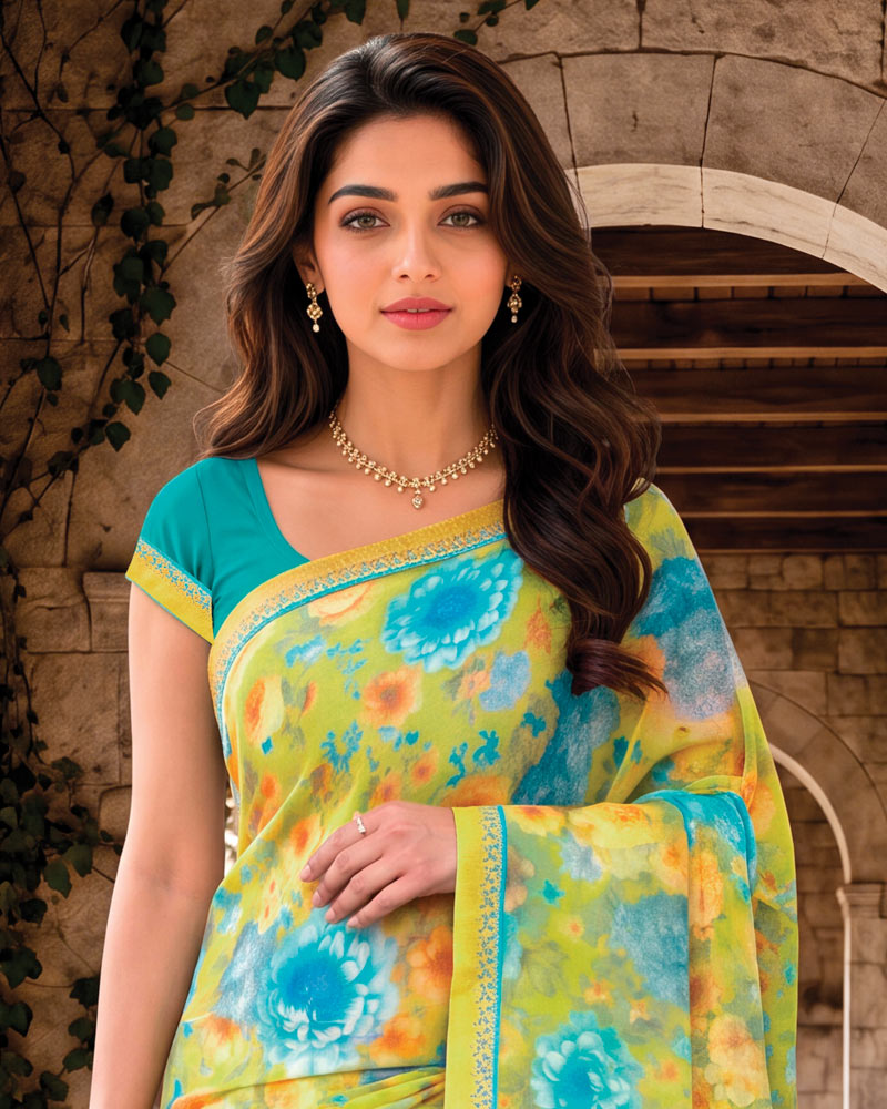 Vishal Prints Pale Olive Yellow Digital Print Georgette Saree With Fancy Border